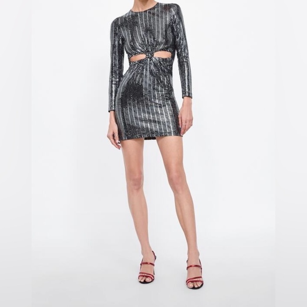 Zara Cut-Out Mini Dress Beautiful, Sexy Black, Silver Sequin Knotted dress